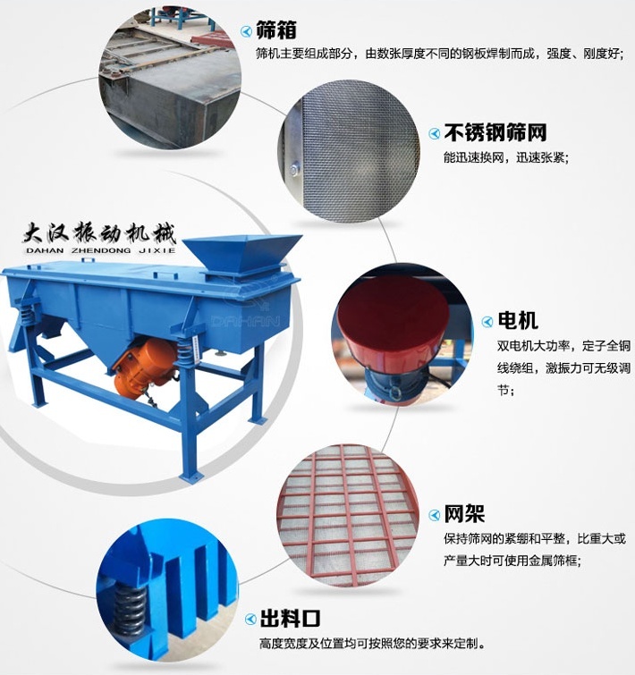 525型直線振動篩結構細節(jié)：篩箱：篩機主要組成部分，由數張厚度不同的鋼板焊制而成，強度，剛度好。不銹鋼篩網：能速換網，迅速張緊。電機：雙電機大功率，定子全銅線繞組，激振力可無級調節(jié)。網架：保持篩網的緊繃和平整，比重大或產量大時可使用金屬篩框。出料口：高度寬度及位置均可按照您的要求定制。