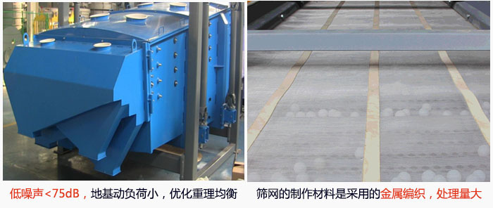 方形搖擺篩采用低噪聲<75dB，地基動負荷小，優(yōu)化重理均衡；篩網的制作材料是采用的金屬編織，處理量大。